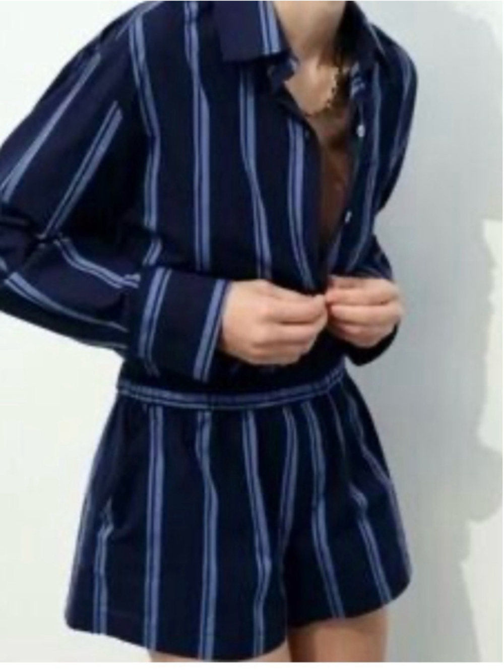 Zara Striped Shirt Romper | Navy Blue | Size L | Linen Blend | Long Sleeve - Picture 3 of 10